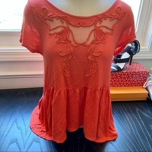 Free People Mesh Embroidered Peasant Top, XS